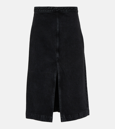Shop Khaite Fraser High-rise Denim Midi Skirt In Black