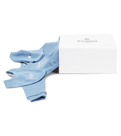 Balmain Baby Cotton Onesie, Beanie And Bib Set In Blue
