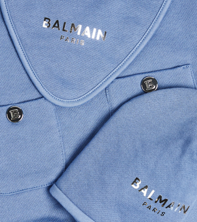 Balmain Baby Cotton Onesie, Beanie And Bib Set In Blue