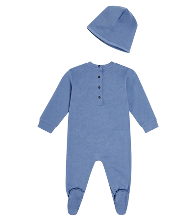 Balmain Baby Cotton Onesie, Beanie And Bib Set In Blue