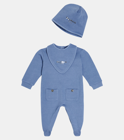 Balmain Baby Cotton Onesie, Beanie And Bib Set In Blue