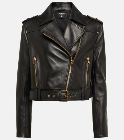 Balmain Cropped Leather Biker Jacket In Black