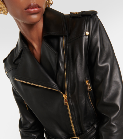 Balmain Cropped Leather Biker Jacket In Black