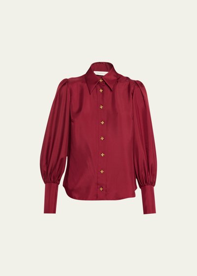 Shop Zimmermann Luminosity Silk Neck-tie Blouson Shirt In Burgundy