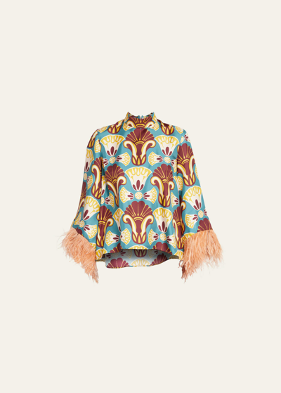 Shop La Doublej Make An Exit Printed Top With Feathered Cuffs In Light Blue