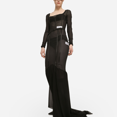 Shop Dolce & Gabbana Long Silk Skirt With Mermaid Ruffle In Black