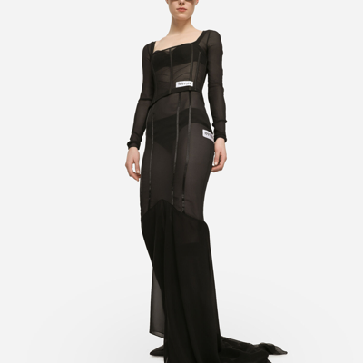 Dolce & Gabbana Long Silk Skirt With Mermaid Ruffle In Black