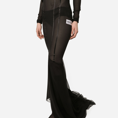 Shop Dolce & Gabbana Long Silk Skirt With Mermaid Ruffle In Black