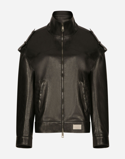 Dolce & Gabbana Long-sleeved Leather Jacket With Vertical Collar In Black