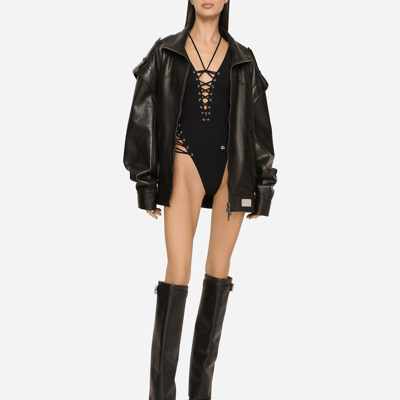 Dolce & Gabbana Long-sleeved Leather Jacket With Vertical Collar In Black