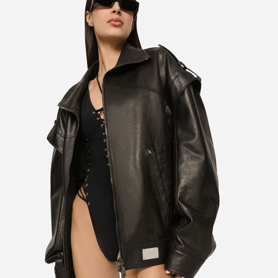 Dolce & Gabbana Long-sleeved Leather Jacket With Vertical Collar In Black