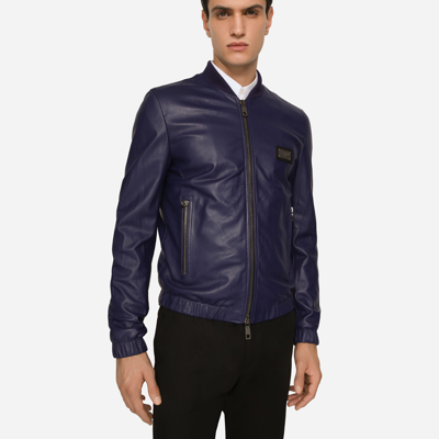 Shop Dolce & Gabbana Leather Jacket With Branded Tag In Blue