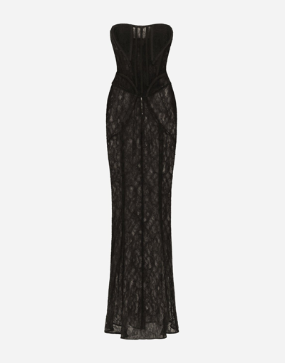 Shop Dolce & Gabbana Long Lace Corset Dress In Black
