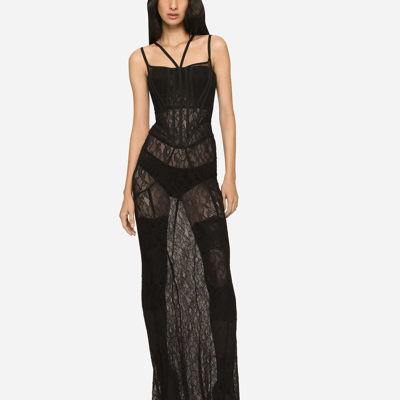 Shop Dolce & Gabbana Long Lace Corset Dress In Black