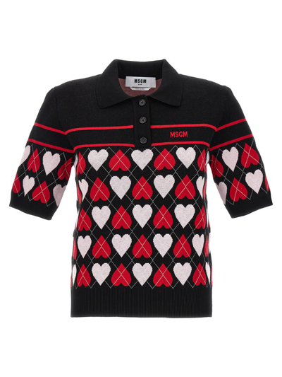 Shop Msgm 'hearts' Polo Shirt In Multicolor