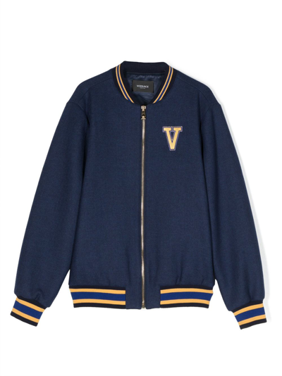 Shop Versace Logo-patch Bomber Jacket In Blue