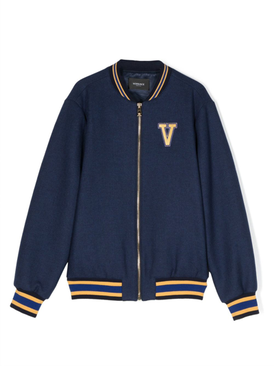 Versace Logo-patch Bomber Jacket In Blue