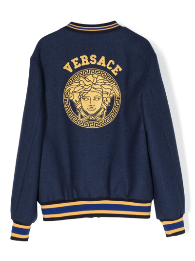 Shop Versace Logo-patch Bomber Jacket In Blue