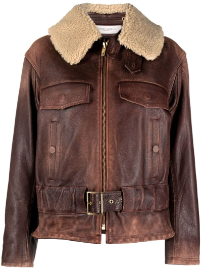 Shop Golden Goose Shearling Leather Jacket In Brown