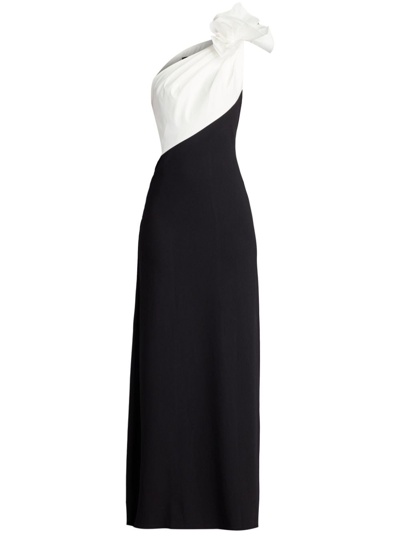 Shop Tadashi Shoji Floral-appliqué One-shoulder Gown In Black