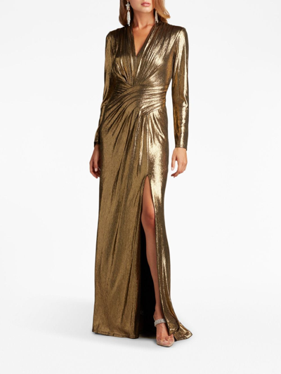 Shop Tadashi Shoji Metallic-effect V-neck Gown In Gold
