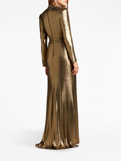 Shop Tadashi Shoji Metallic-effect V-neck Gown In Gold
