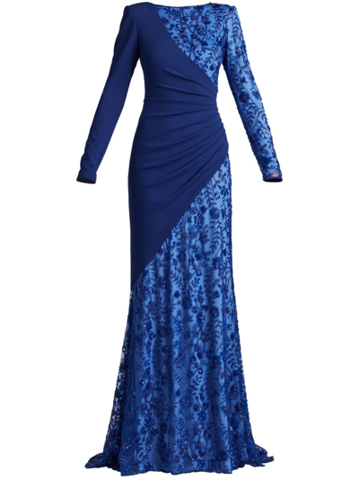 Shop Tadashi Shoji Embroidered Long-sleeve Gown In Blue