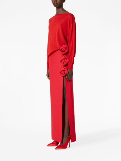 Shop Valentino Crepe Couture Floral-appliqué Midi Skirt In Red