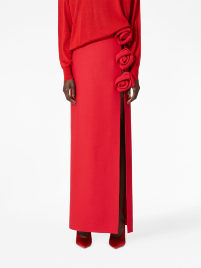 Shop Valentino Crepe Couture Floral-appliqué Midi Skirt In Red