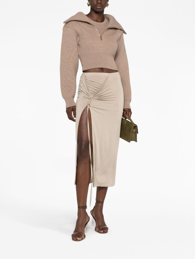 Jacquemus Croissant Belted Cupro-blend Stretch-jersey Midi Skirt In Grey