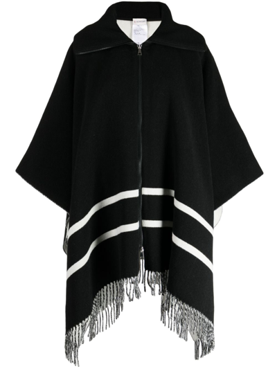 Shop Moncler Intarsia-knit Logo Fringe-detailing Cape In Black