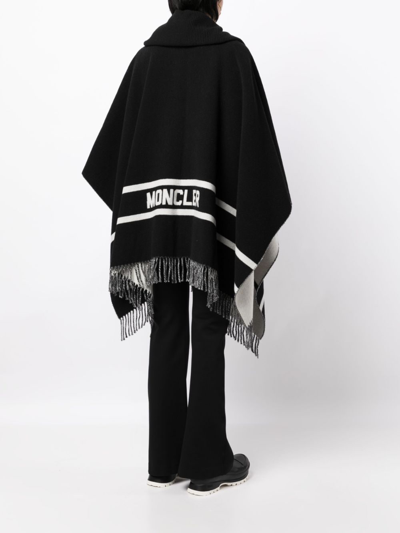 Shop Moncler Intarsia-knit Logo Fringe-detailing Cape In Black