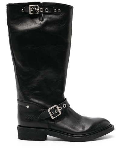 Golden Goose High Biker Boots In Black Leather With Silver Studs And Buckles In Black
