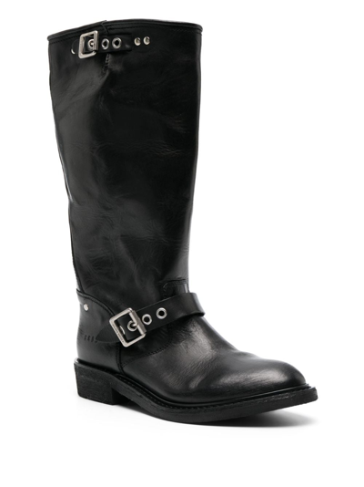 Golden Goose High Biker Boots In Black Leather With Silver Studs And Buckles In Black