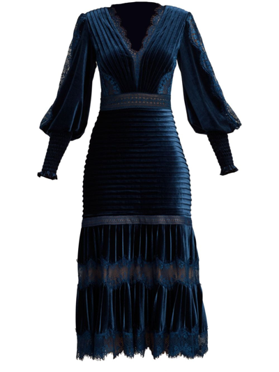 Shop Tadashi Shoji Avalon Velvet Pleated Dress In Blue