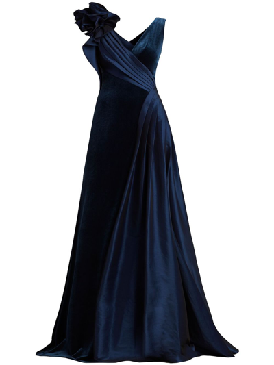 Shop Tadashi Shoji Draped Velour Sleeveless Gown In Blue