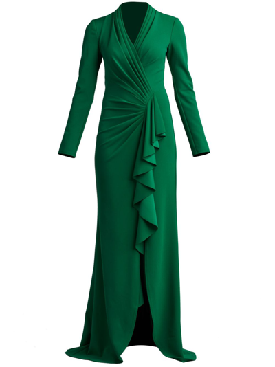 Shop Tadashi Shoji Draped Long-sleeve Gown In Green
