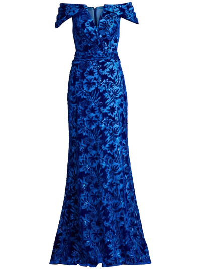Shop Tadashi Shoji Sequin-embellished Velour Gown In Blue