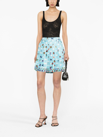 Shop Versace Butterflies Pleated Silk Skirt In Blue