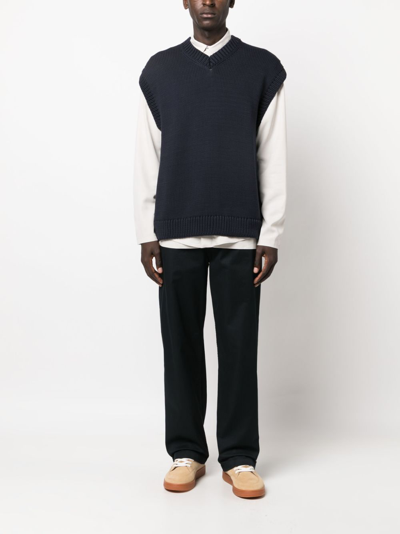 Studio Nicholson V-neck Cotton-blend Knitted Vest In Blue