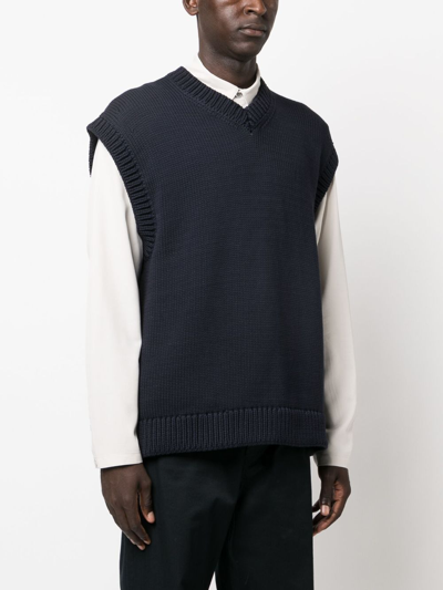 Studio Nicholson V-neck Cotton-blend Knitted Vest In Blue
