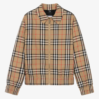 Shop Burberry Teen Boys Beige Cotton Check Zip-up Jacket