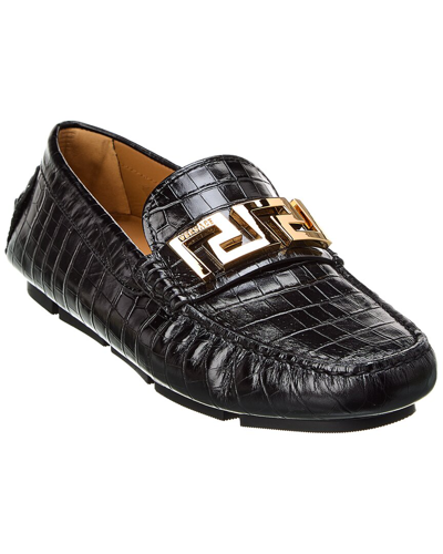 Shop Versace Greca Croc-embossed Leather Loafer In Black