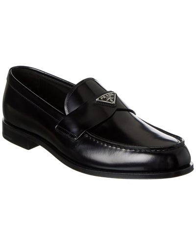 Shop Prada Logo Leather Loafer In Black