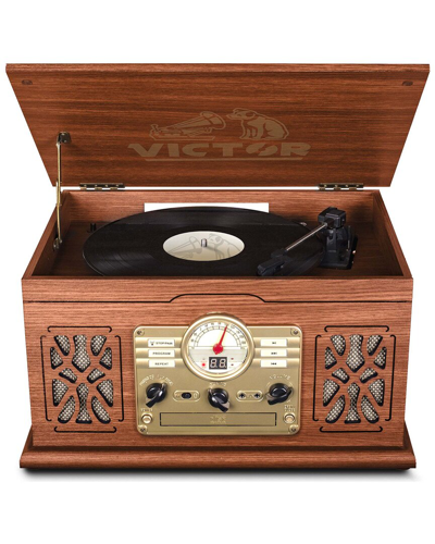 Victor Audio Victor Mahogany State 7-in-1 Wood Music Center With Turntable And Bluetooth In Brown