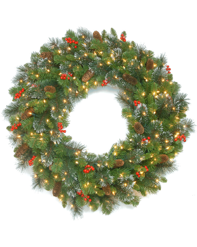 National Tree Company 30in Crestwood Spruce Wreath With Cones, Red Berries, Glitter And 70 Led Light
