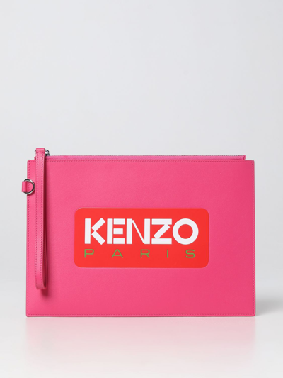 Shop Kenzo Leather Clutch With Logo In Fuchsia