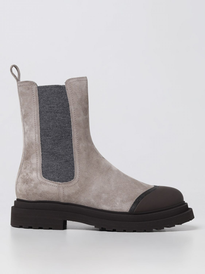 Shop Brunello Cucinelli Ankle Boots In Suede With Shiny Contour In Ecru