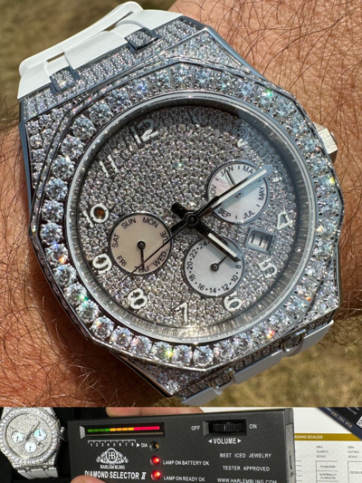 Pre-owned Hip Hop Real Moissanite Mens Watch Iced Skeleton Back 44mm  - White Silicone Band
