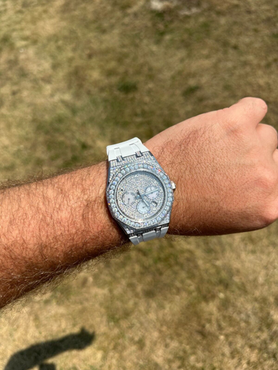 Pre-owned Hip Hop Real Moissanite Mens Watch Iced Skeleton Back 44mm  - White Silicone Band